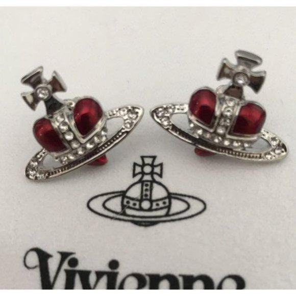 Vivienne Westwood DIAMANTE Earrings Orb Heart Red Silver - Picture 1 of 3